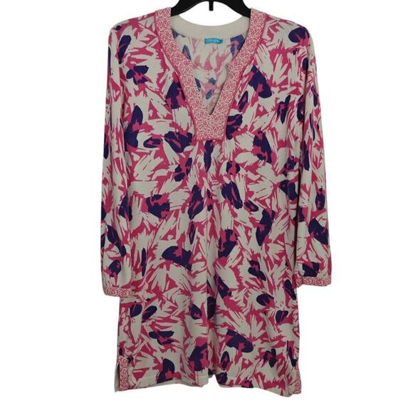 J Mclaughlin Tunic Sweater Top Size Large Pink Purple Abstract Floral Stretch - Picture 2 of 9
